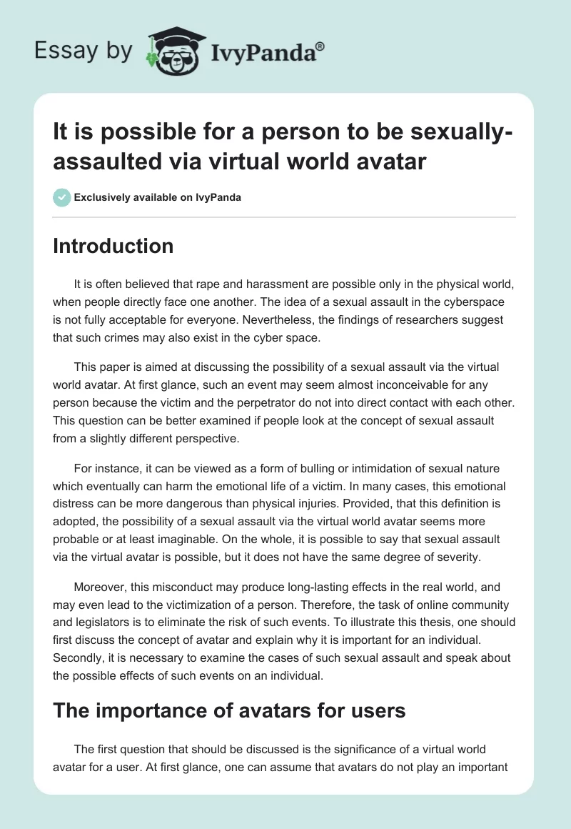 It is possible for a person to be sexually-assaulted via virtual world avatar. Page 1