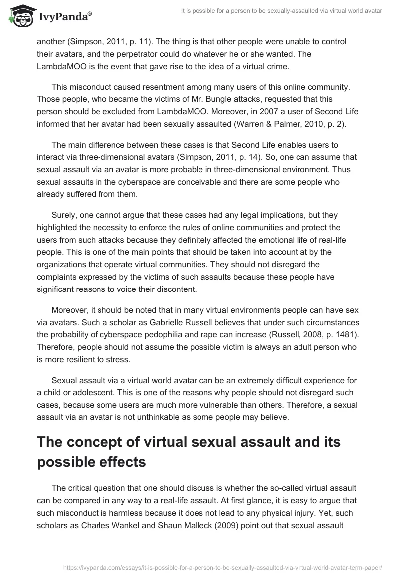 It is possible for a person to be sexually-assaulted via virtual world avatar. Page 3