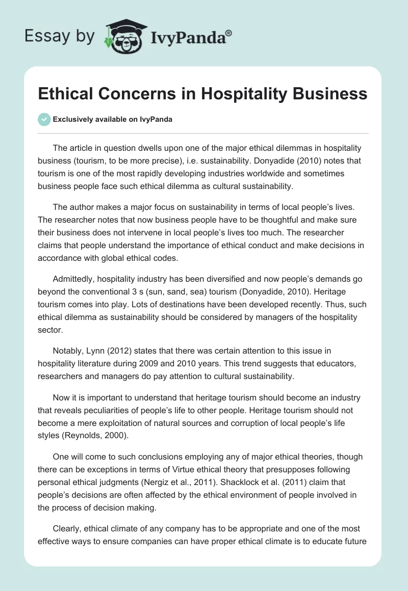 Ethical Concerns in Hospitality Business. Page 1