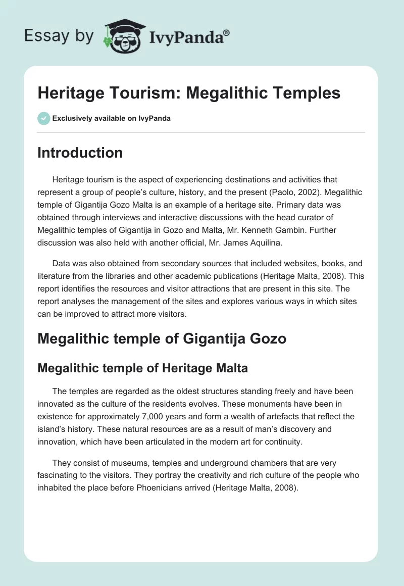 Heritage Tourism: Megalithic Temples. Page 1