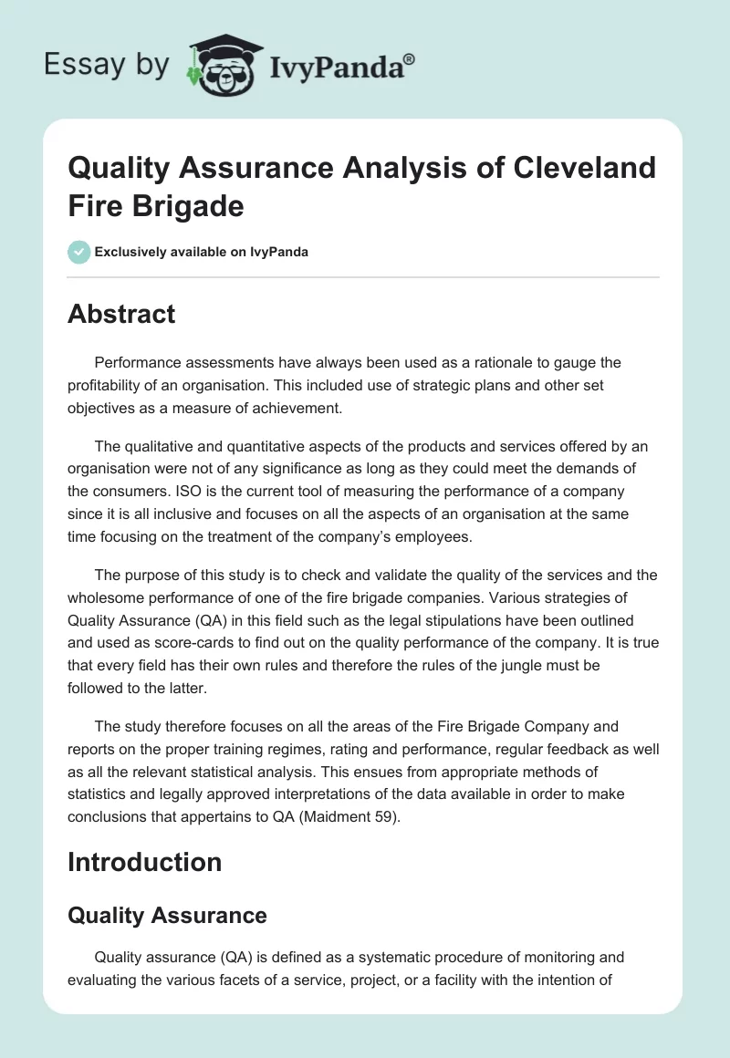 Quality Assurance Analysis of Cleveland Fire Brigade. Page 1