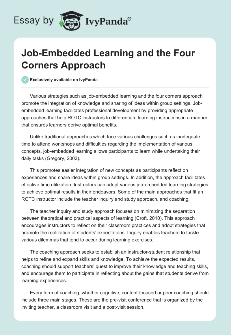 Job-Embedded Learning and the Four Corners Approach. Page 1