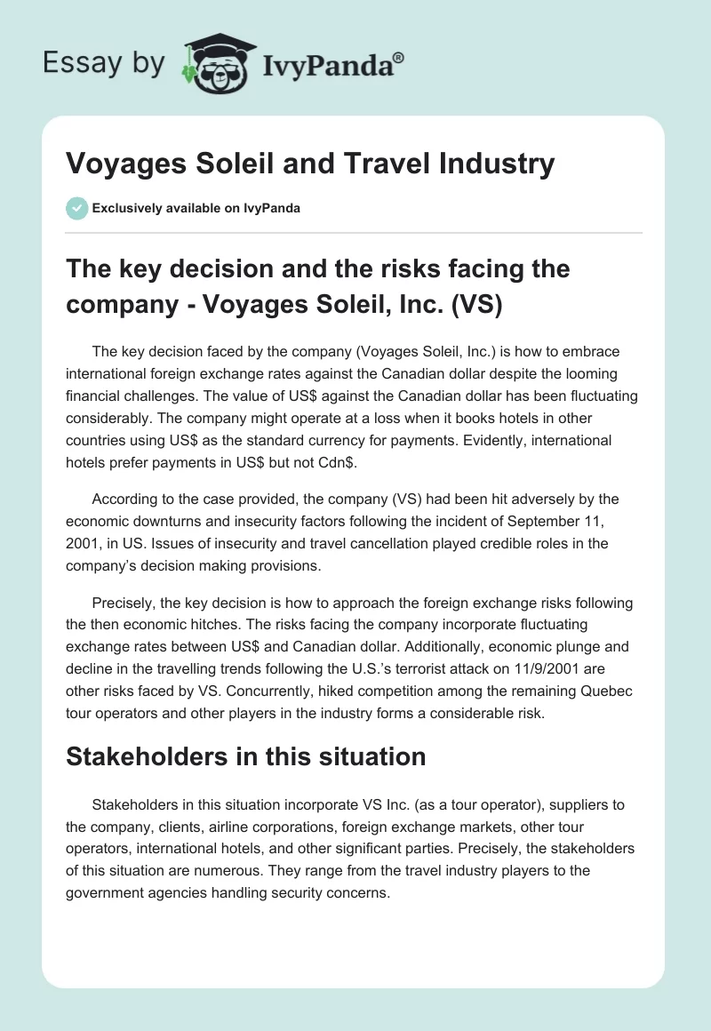 Voyages Soleil and Travel Industry. Page 1