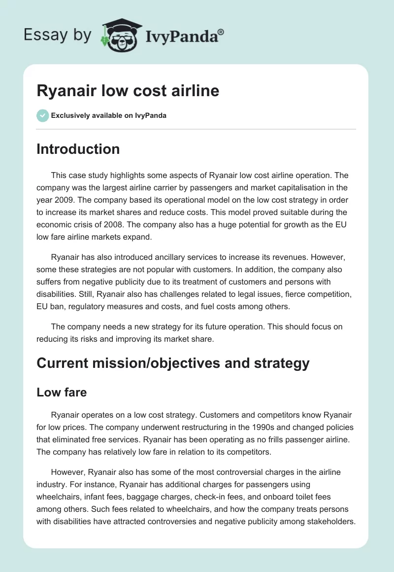 Ryanair Low Cost Airline. Page 1