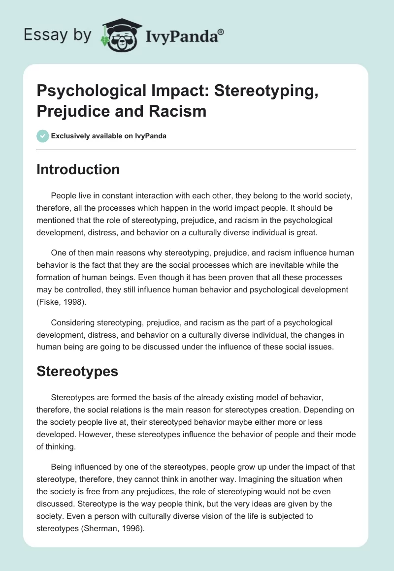 Psychological Impact: Stereotyping, Prejudice and Racism. Page 1