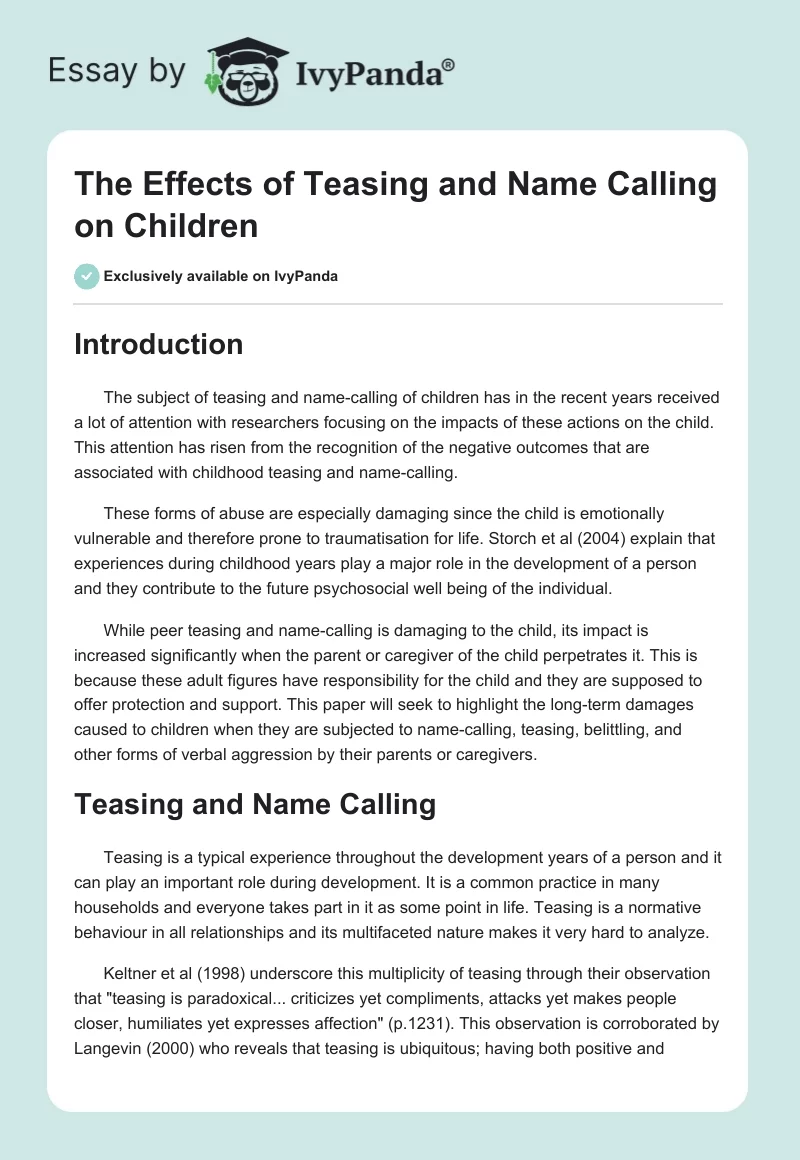 The Effects of Teasing and Name Calling on Children. Page 1