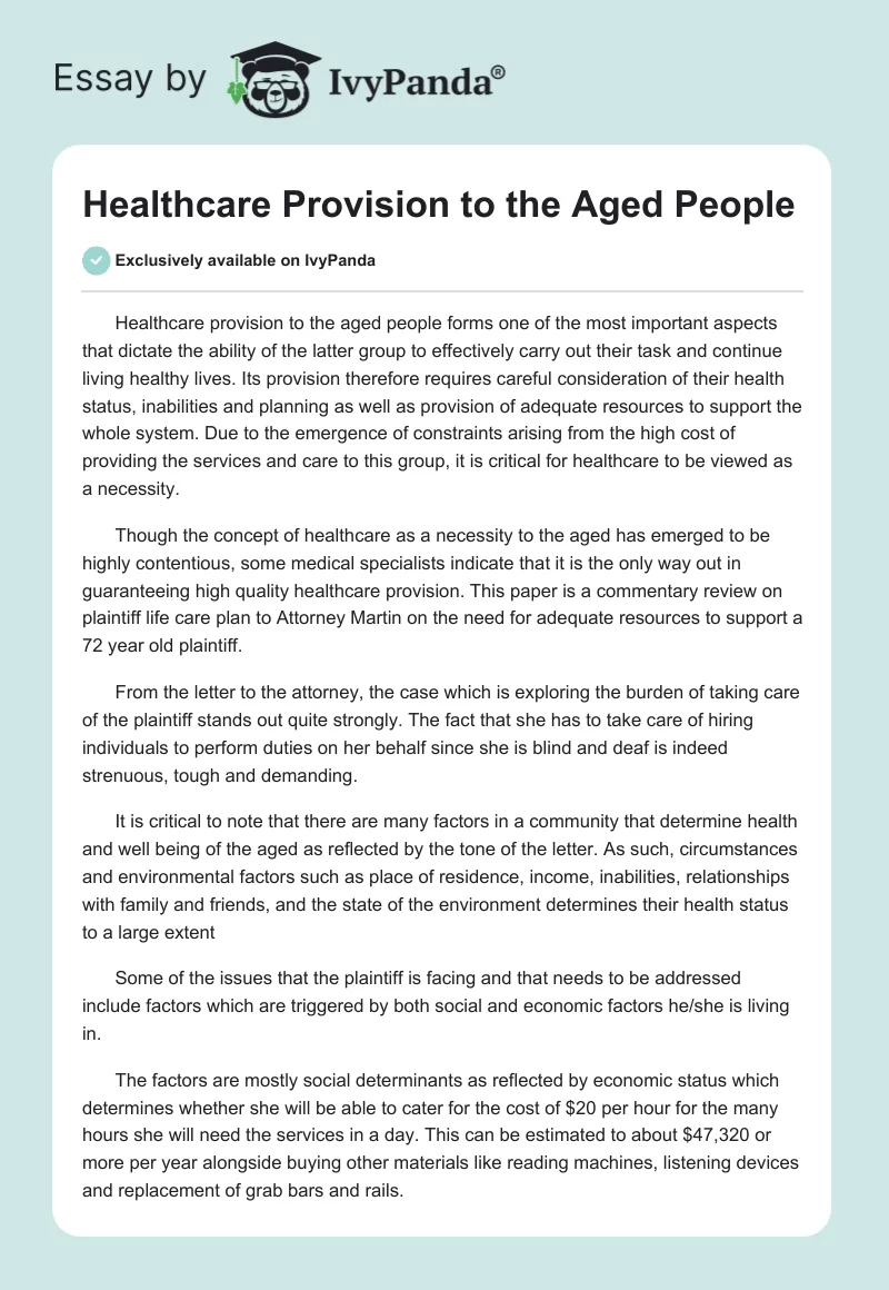 Healthcare Provision to the Aged People. Page 1