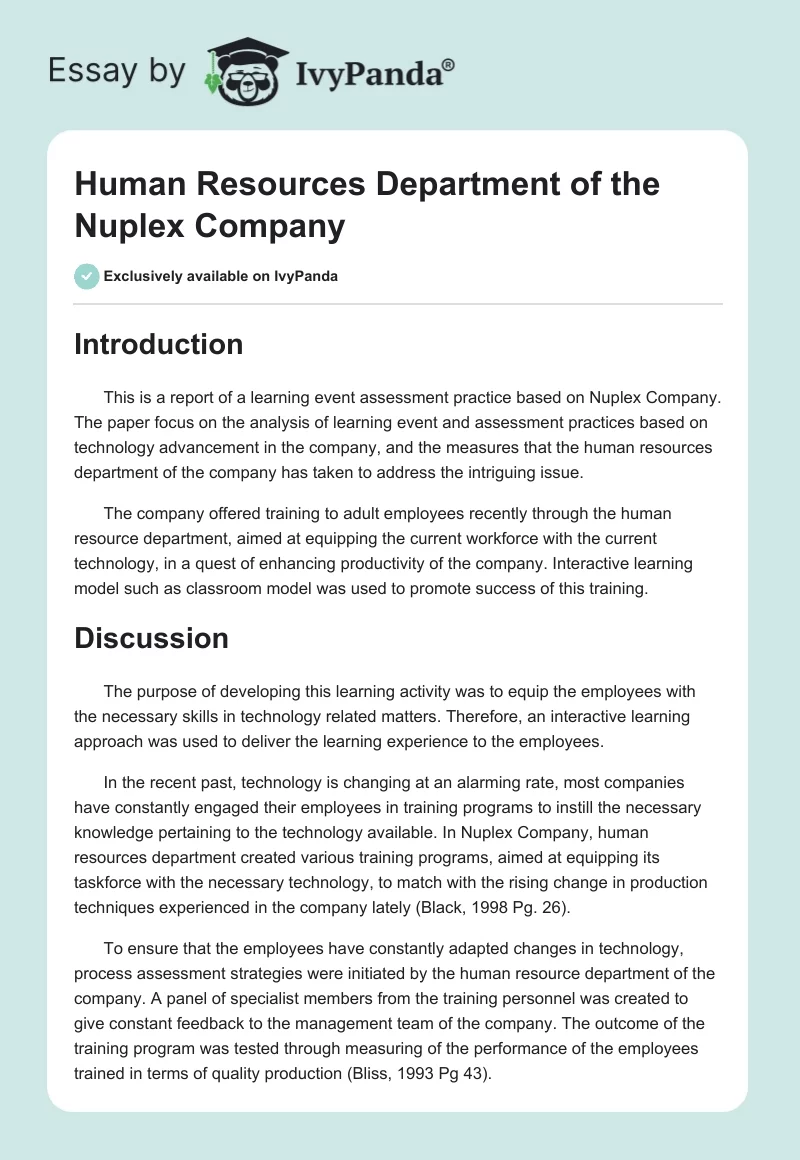 Human Resources Department of the Nuplex Company. Page 1