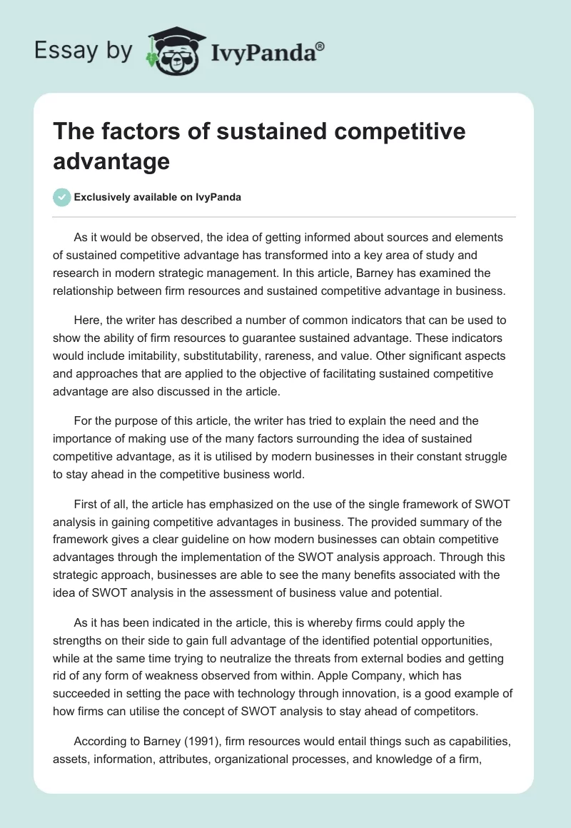 The factors of sustained competitive advantage - 823 Words | Assessment ...