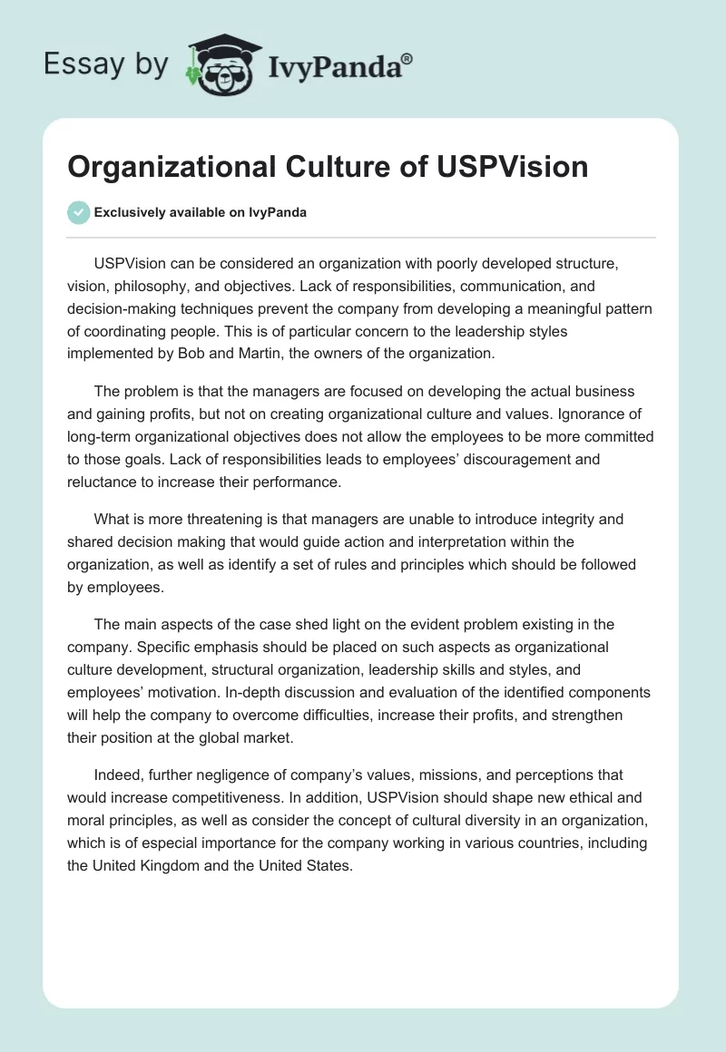 Organizational Culture of USPVision. Page 1