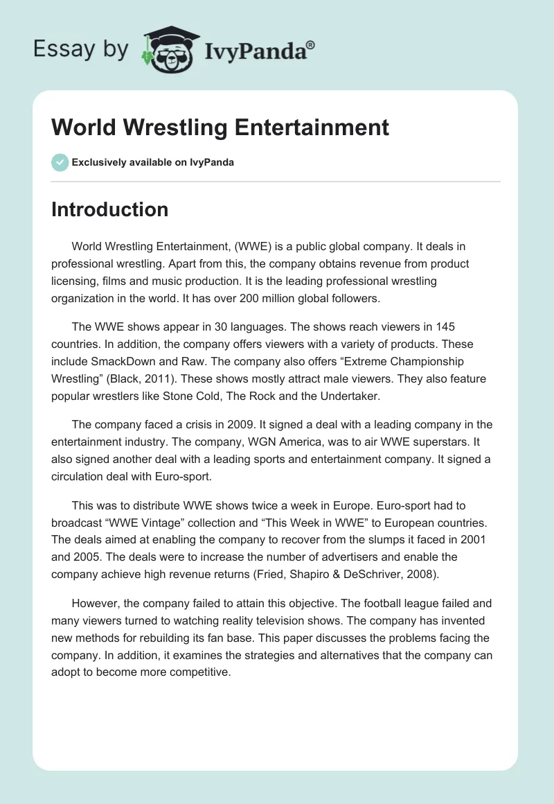 World Wrestling Entertainment. Page 1