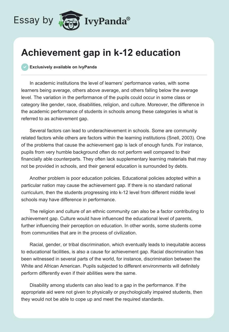 Achievement gap in k-12 education. Page 1