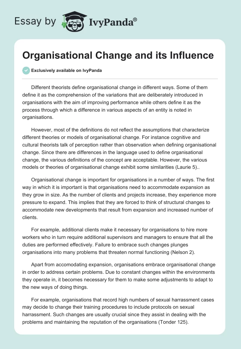 Organisational Change and its Influence. Page 1