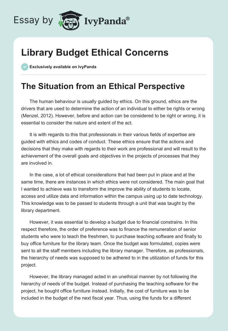 Library Budget Ethical Concerns. Page 1