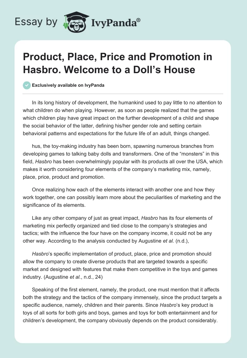 Product, Place, Price and Promotion in Hasbro. Welcome to a Doll’s House. Page 1