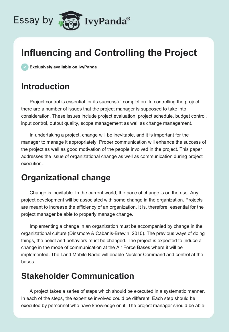 Influencing and Controlling the Project. Page 1