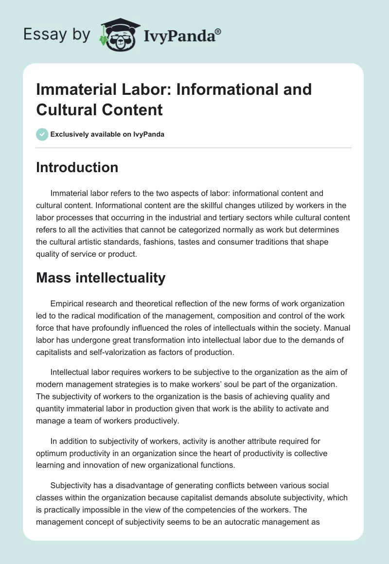 Immaterial Labor: Informational and Cultural Content. Page 1