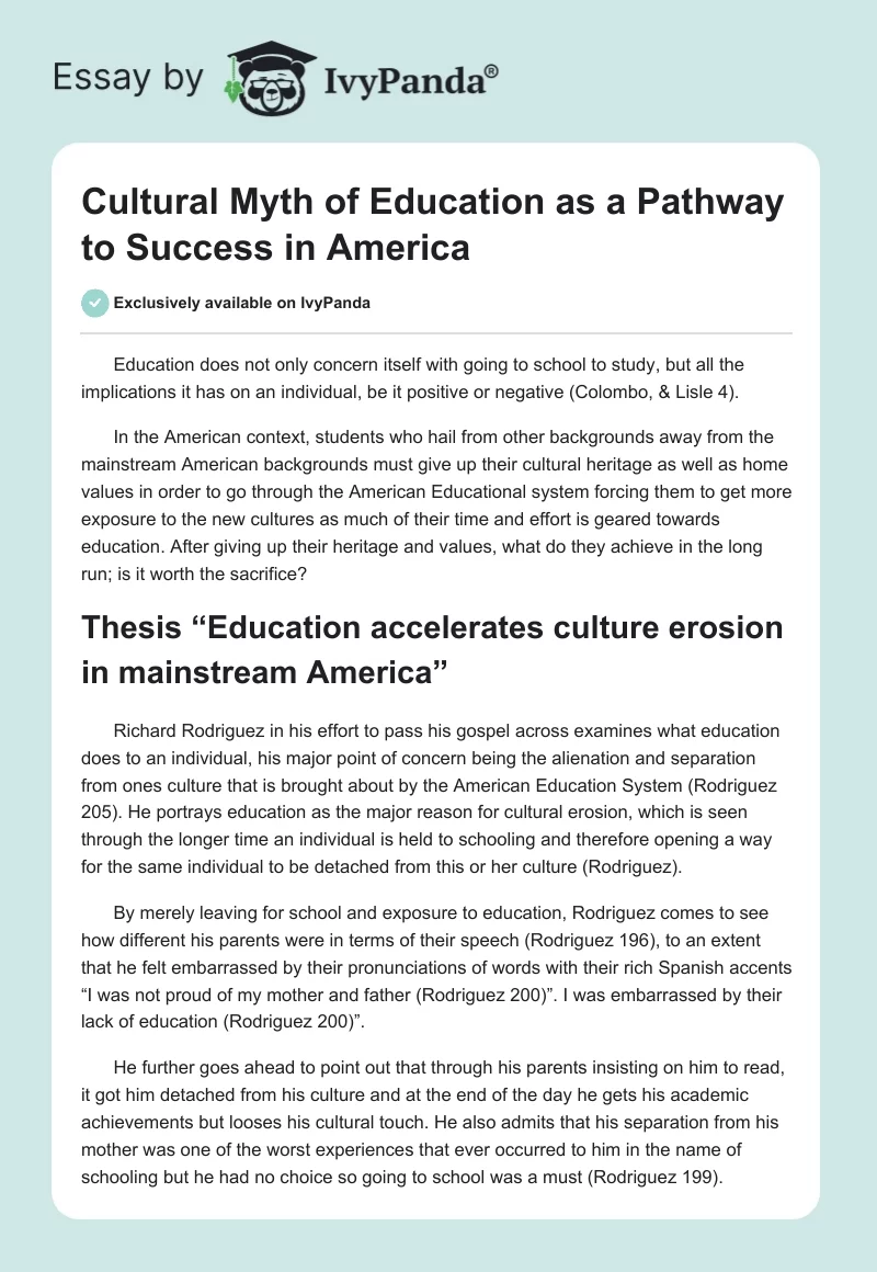 Cultural Myth of Education as a Pathway to Success in America. Page 1