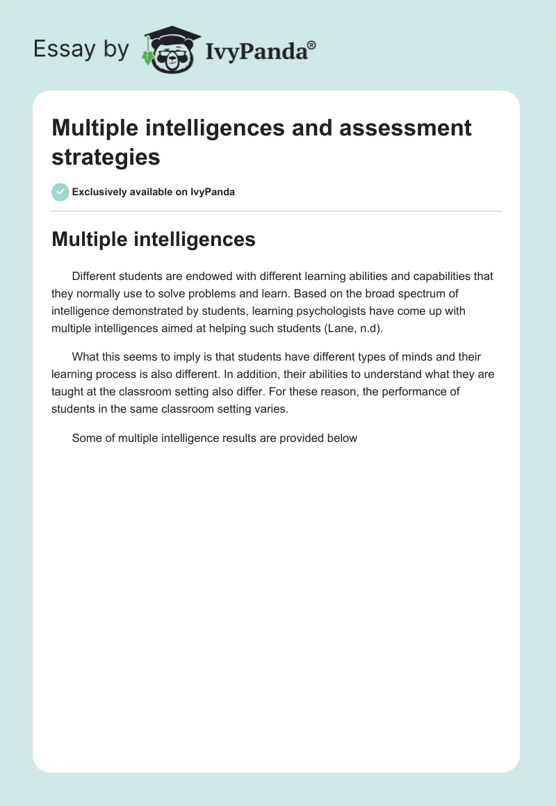 Multiple intelligences and assessment strategies. Page 1