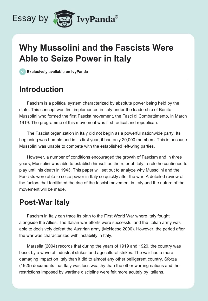 Why Mussolini and the Fascists Were Able to Seize Power in Italy. Page 1