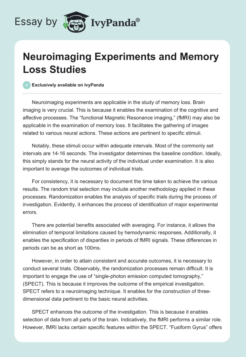 Neuroimaging Experiments and Memory Loss Studies. Page 1