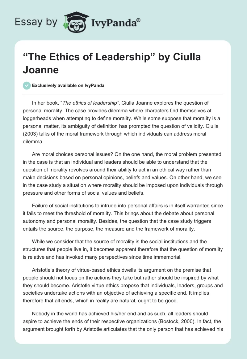 “The Ethics of Leadership” by Ciulla Joanne. Page 1