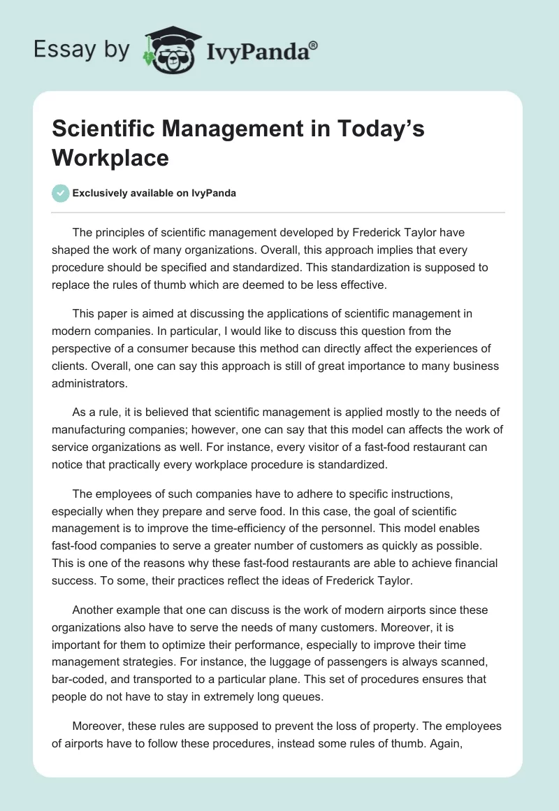 Scientific Management in Today’s Workplace. Page 1