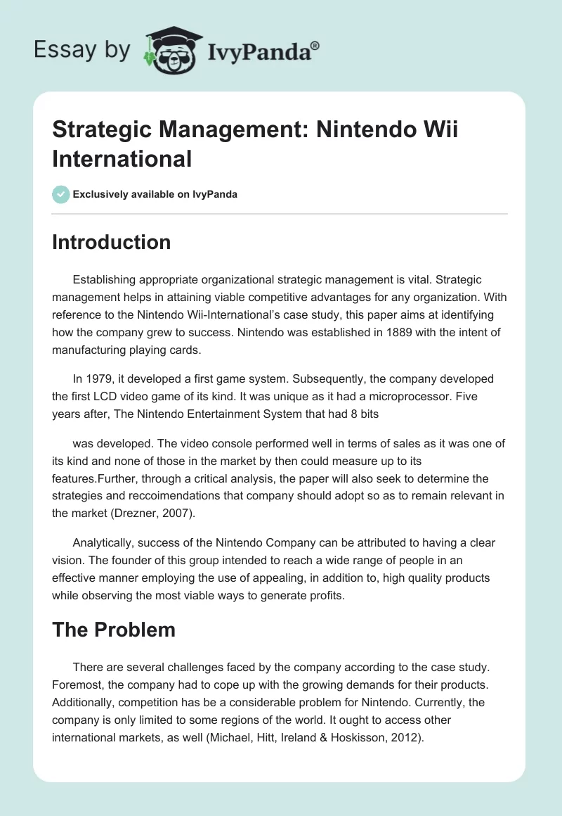 Strategic Management: Nintendo Wii International. Page 1
