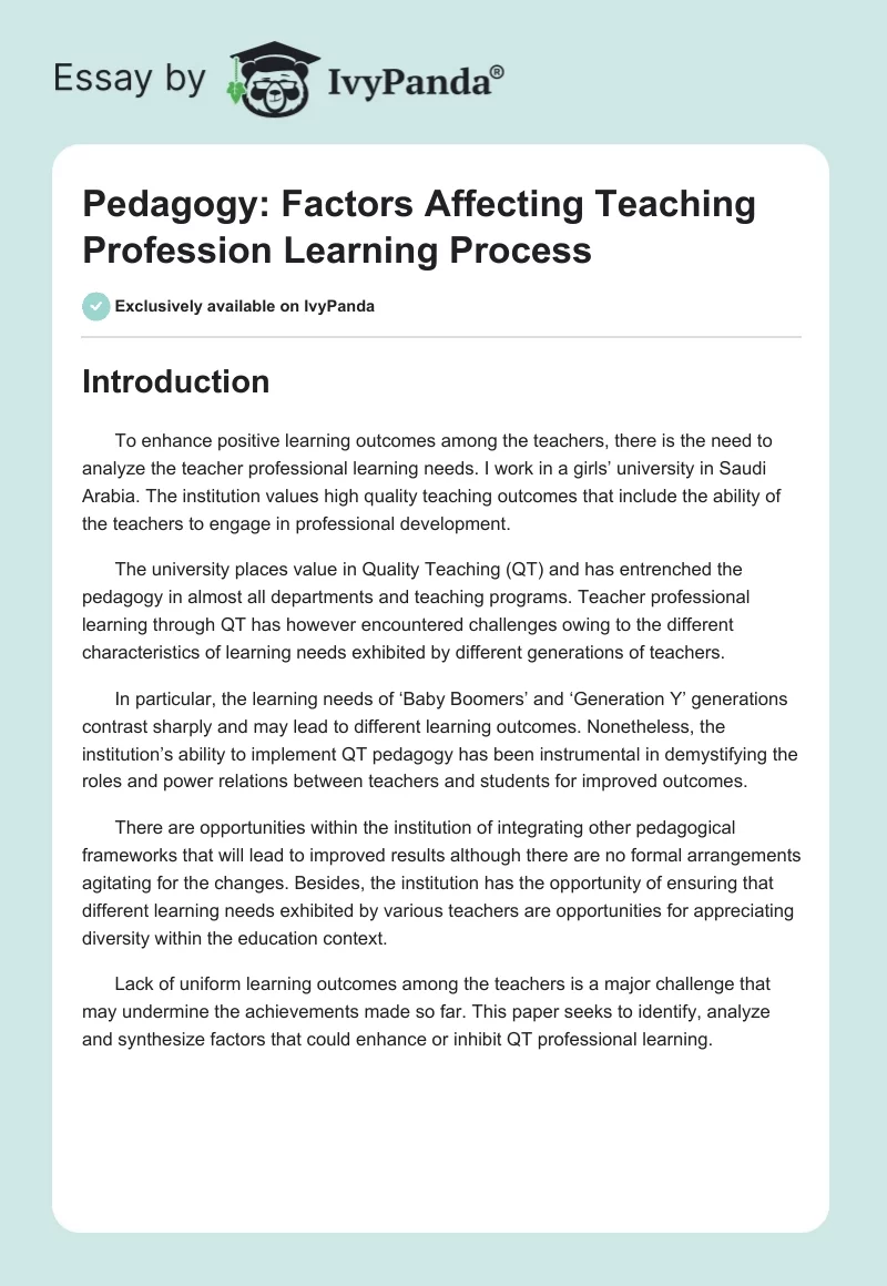Pedagogy: Factors Affecting Teaching Profession Learning Process. Page 1