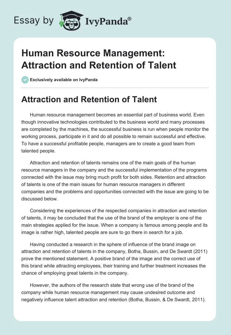 Human Resource Management: Attraction and Retention of Talent. Page 1