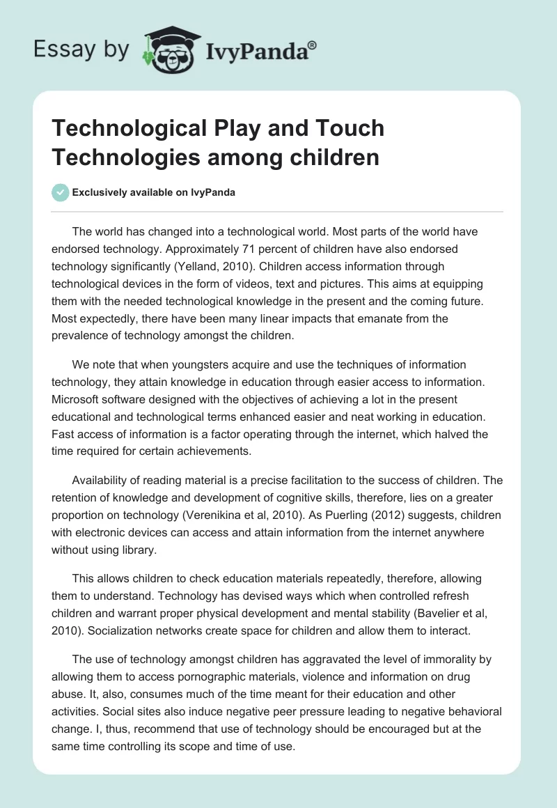 Technological Play and Touch Technologies among children. Page 1