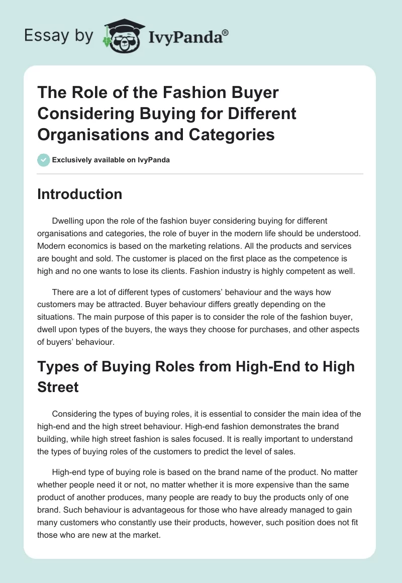 The Role of the Fashion Buyer Considering Buying for Different Organisations and Categories. Page 1