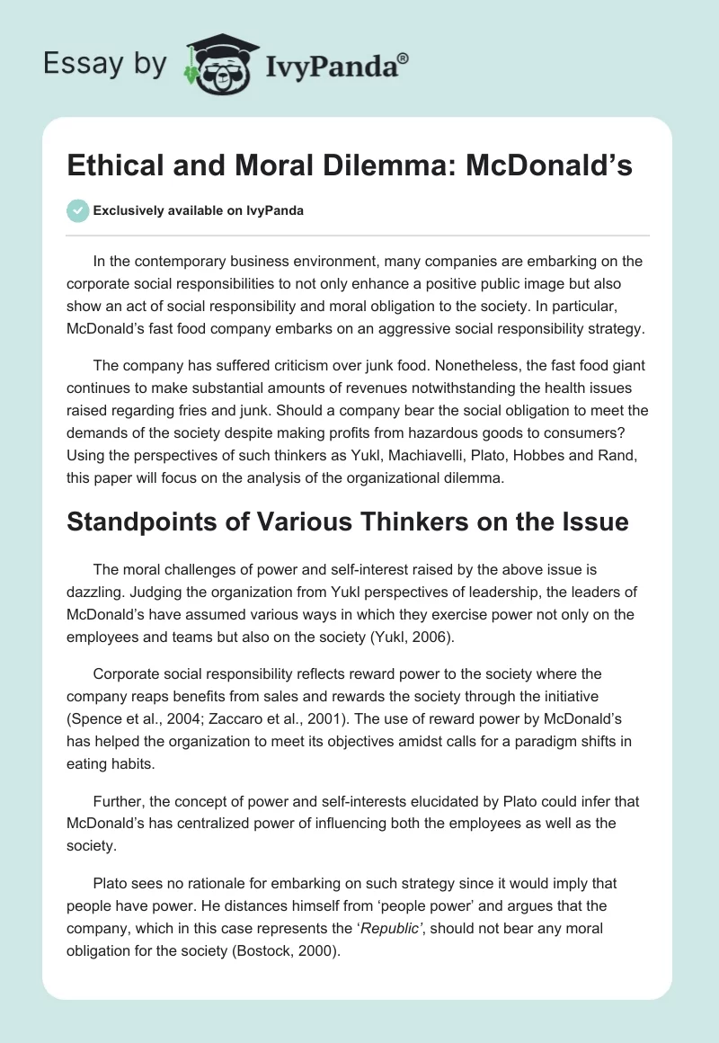 Ethical and Moral Dilemma: McDonald’s. Page 1