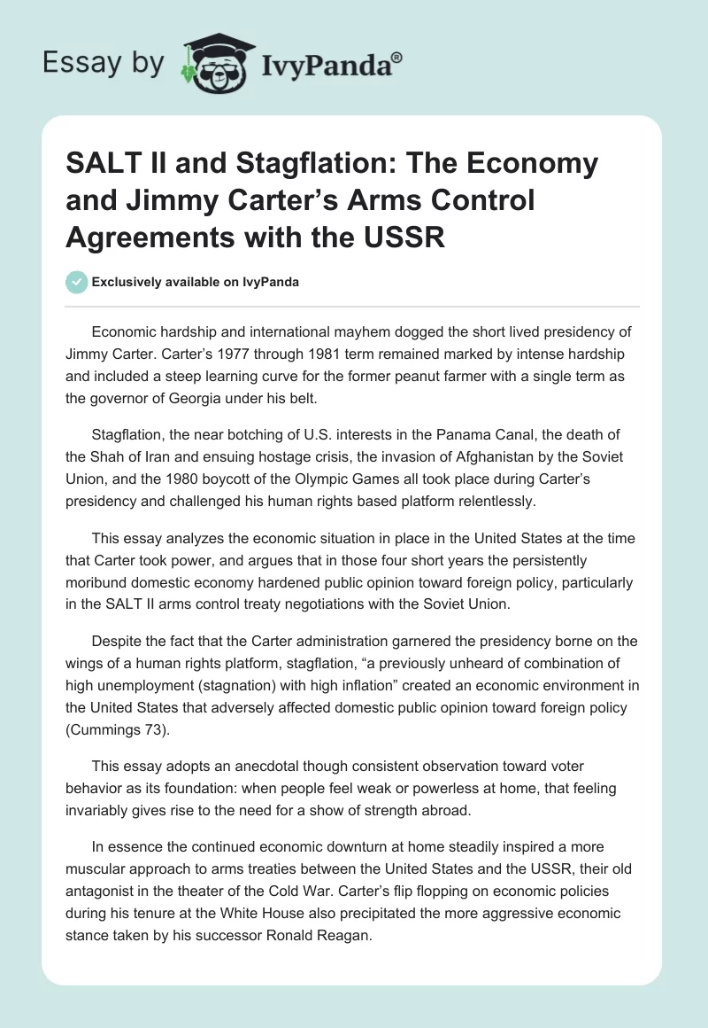 SALT II and Stagflation: The Economy and Jimmy Carter’s Arms Control Agreements with the USSR. Page 1