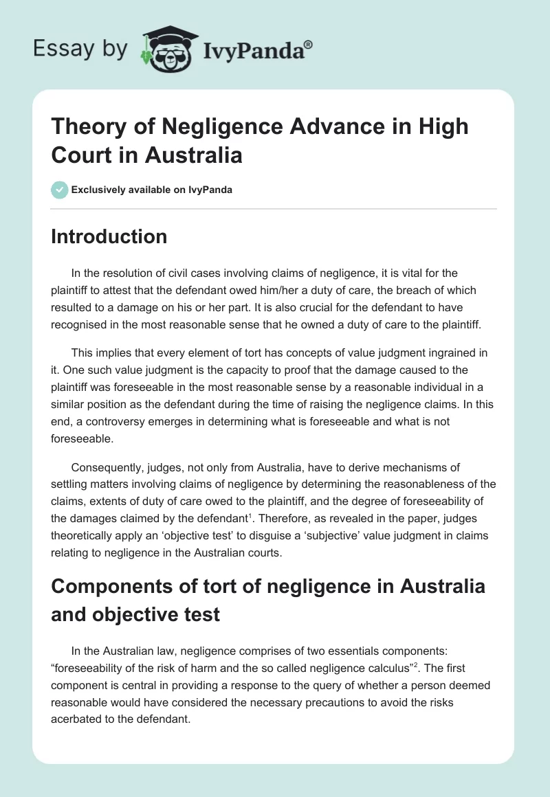 Theory of Negligence Advance in High Court in Australia. Page 1