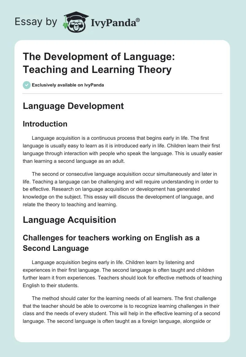 The Development of Language: Teaching and Learning Theory. Page 1