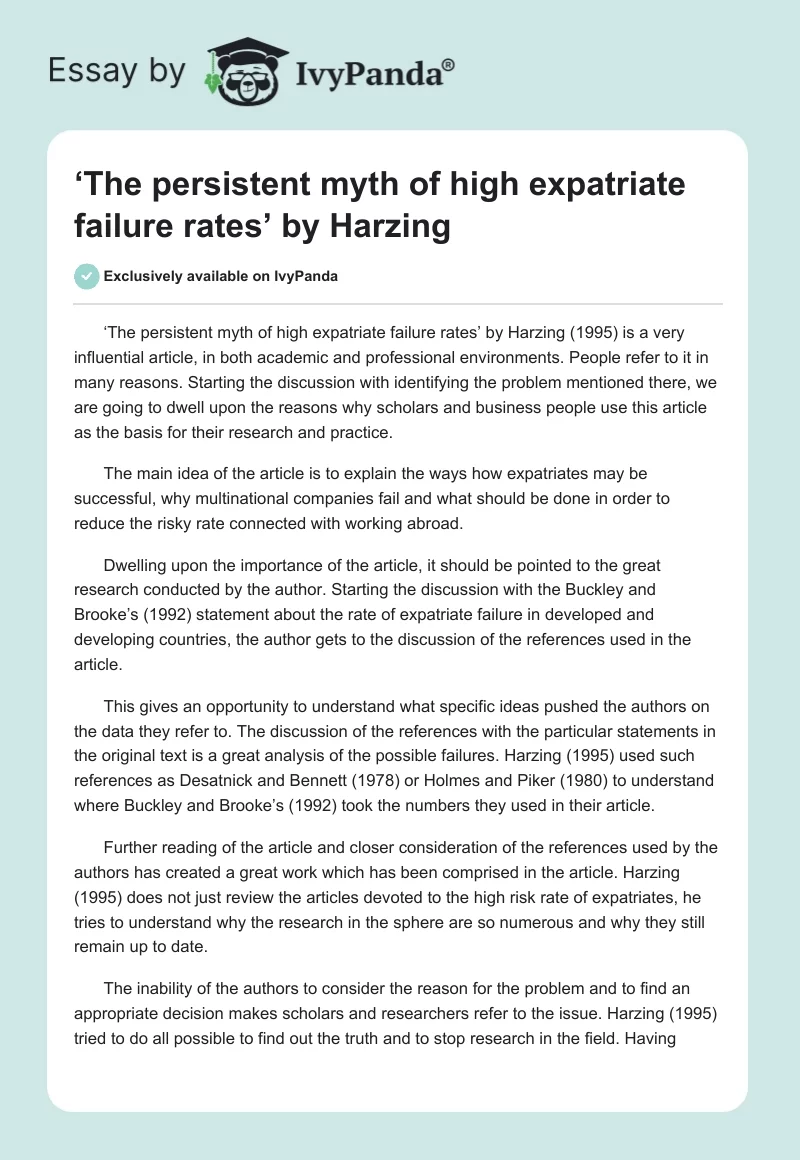 ‘The persistent myth of high expatriate failure rates’ by Harzing. Page 1