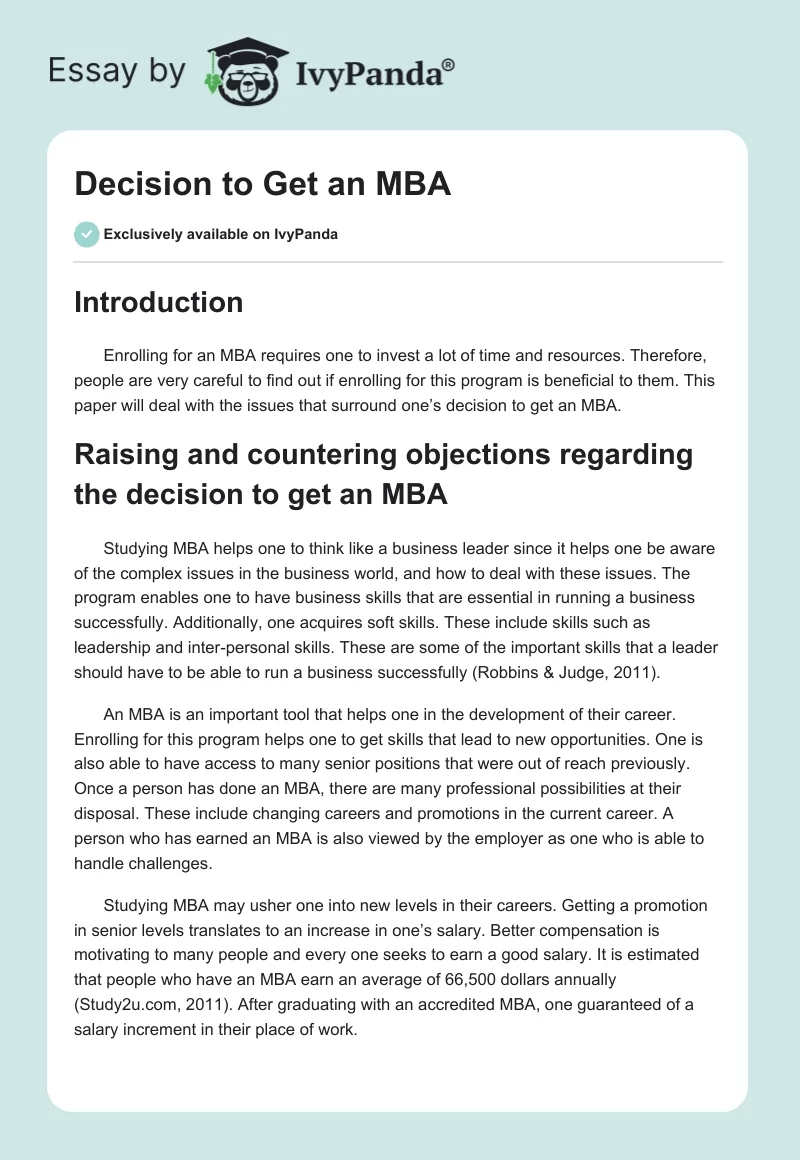 Decision to Get an MBA. Page 1