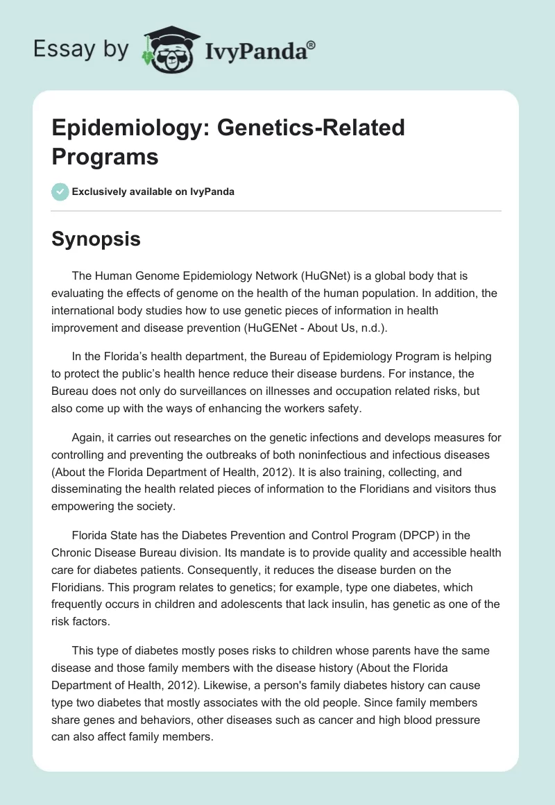 Epidemiology: Genetics-Related Programs. Page 1
