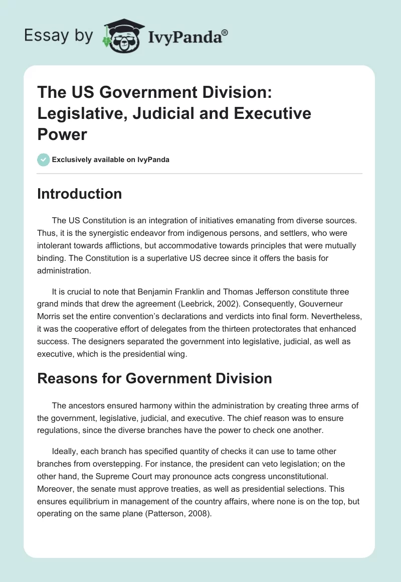 The US Government Division: Legislative, Judicial and Executive Power. Page 1