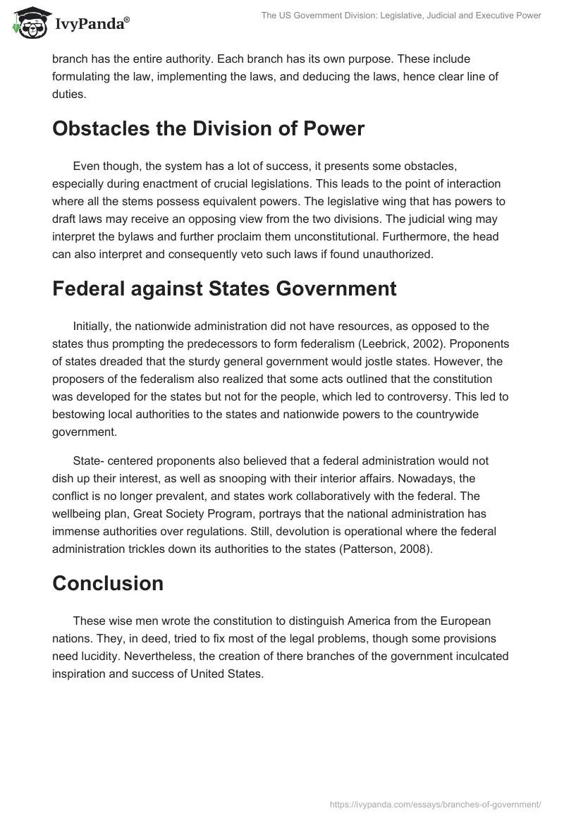 The US Government Division: Legislative, Judicial and Executive Power. Page 3