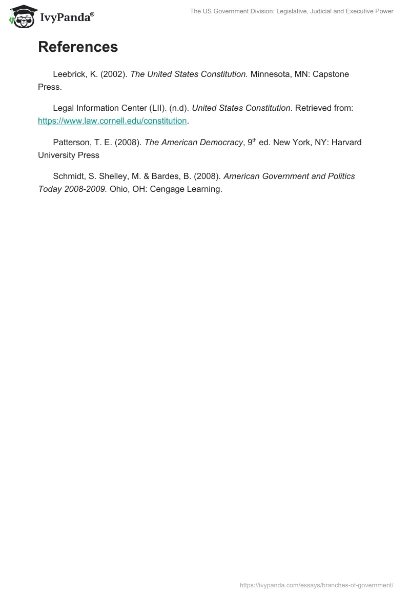 The US Government Division: Legislative, Judicial and Executive Power. Page 4