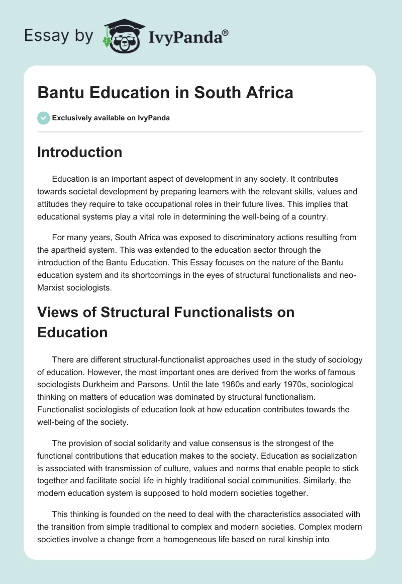 essay about bantu education act 300 words