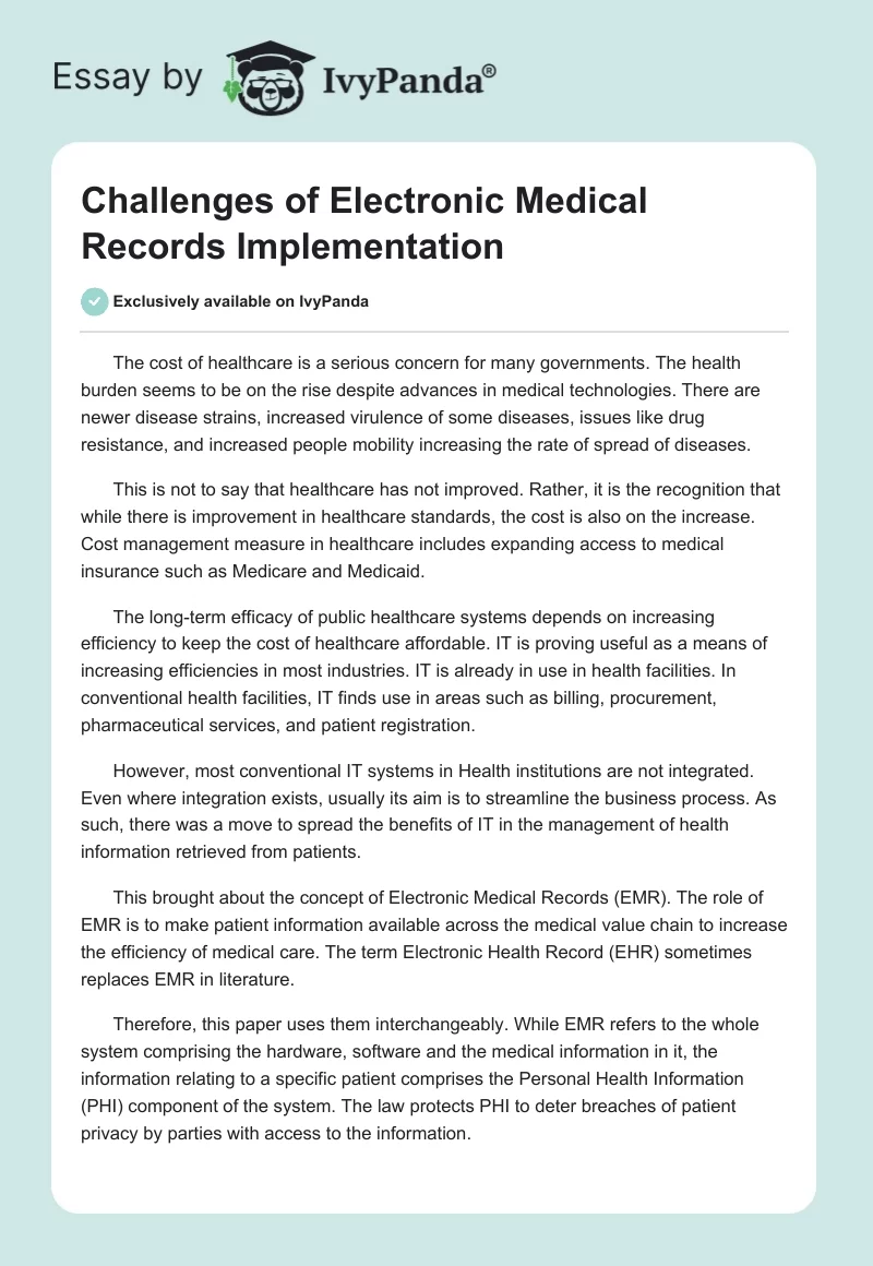 Challenges of Electronic Medical Records Implementation. Page 1