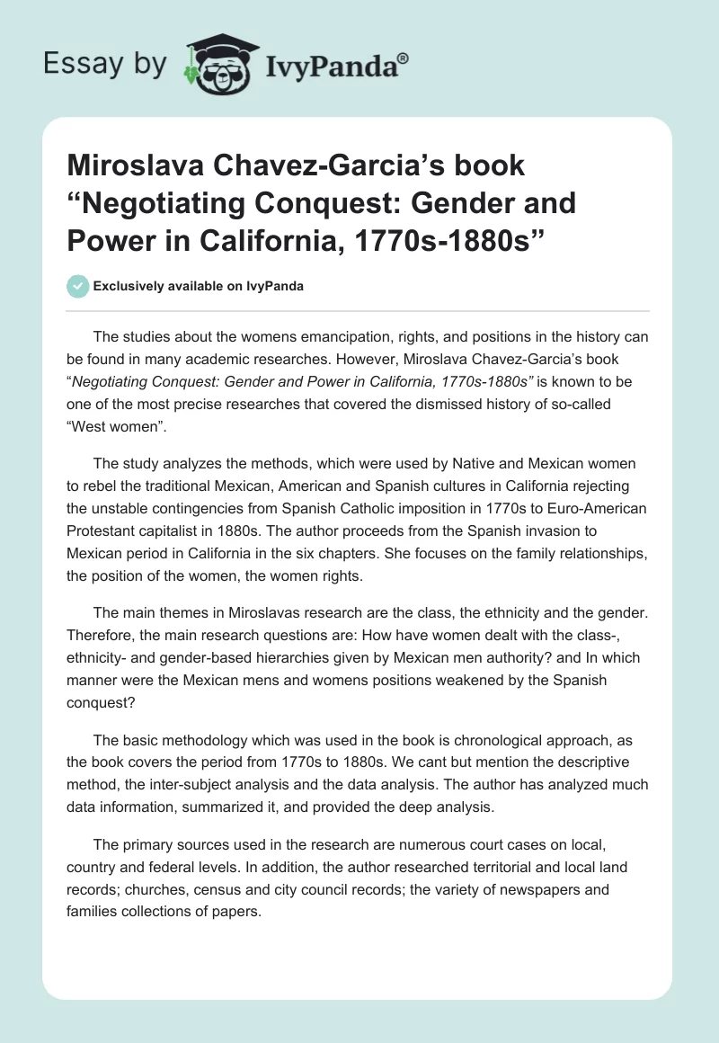 Miroslava Chavez-Garcia’s book “Negotiating Conquest: Gender and Power in California, 1770s-1880s”. Page 1