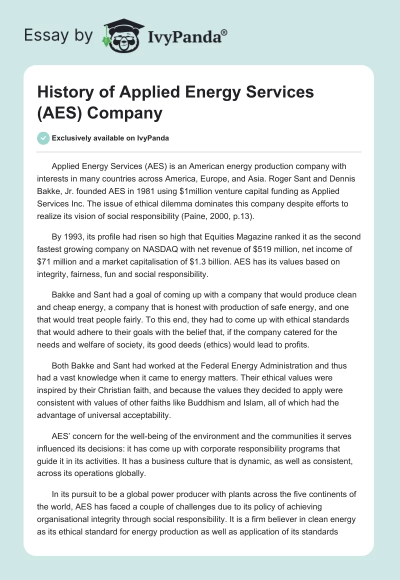 History of Applied Energy Services (AES) Company. Page 1