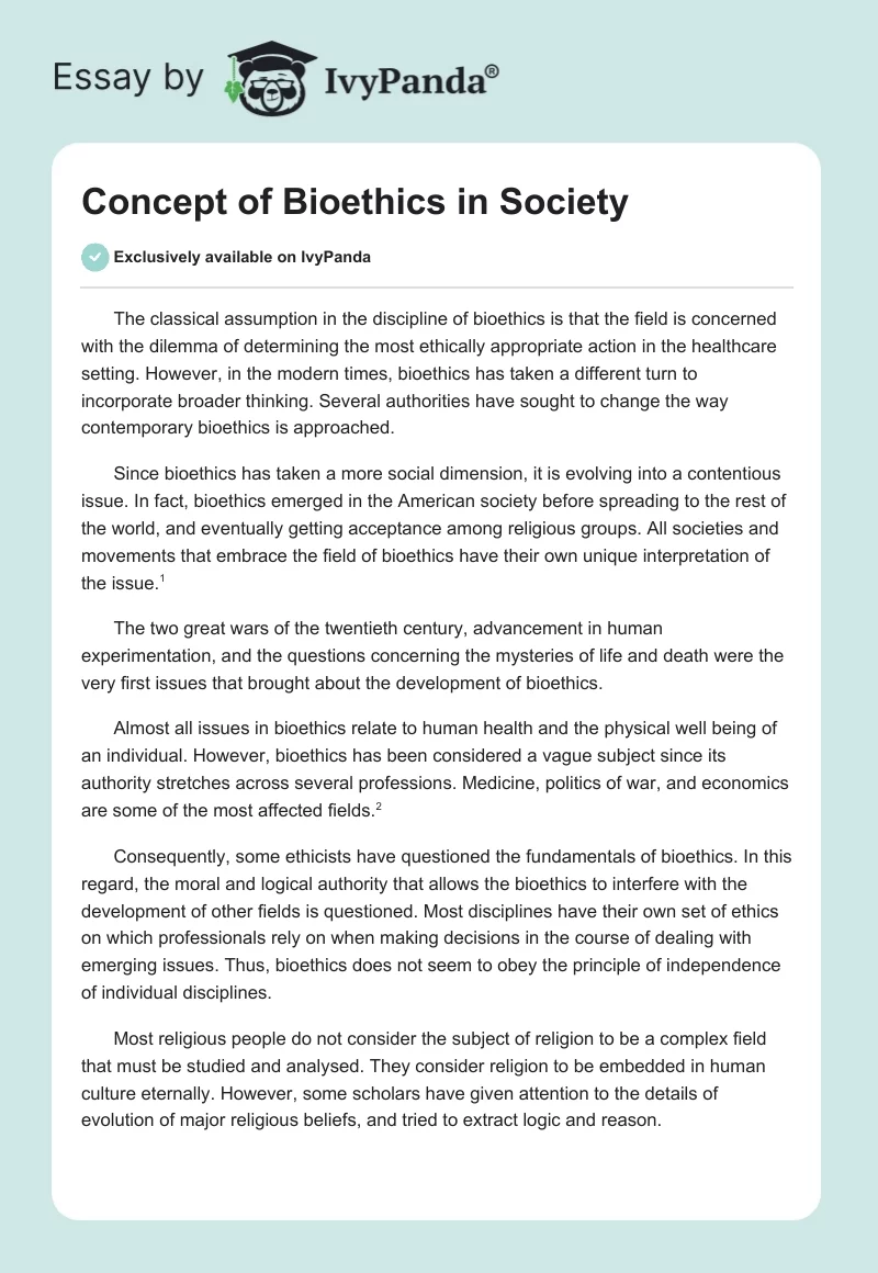 Concept of Bioethics in Society. Page 1