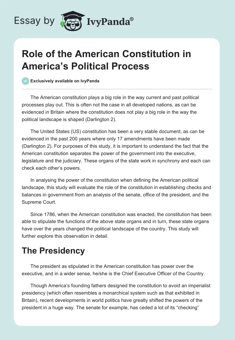 Role of the American Constitution in America’s Political Process. Page 1
