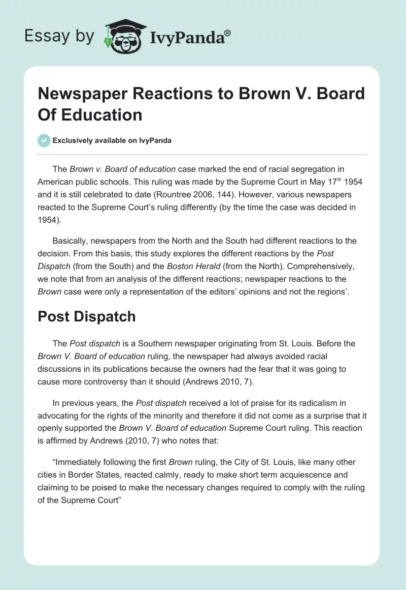 Newspaper Reactions to Brown V. Board of Education. Page 1