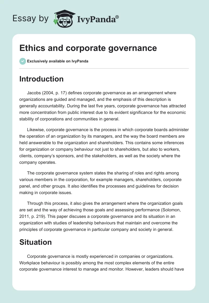 Ethics and corporate governance. Page 1
